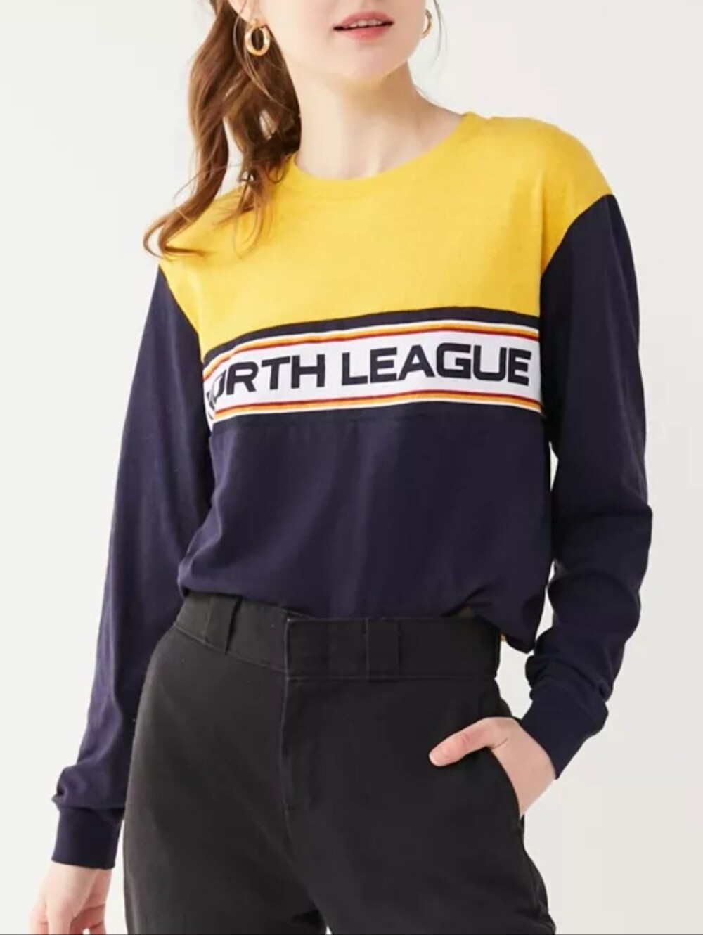 Urban Outfitters Navy Blue Color Block North League Long Sleeve Graphic T-Shirt